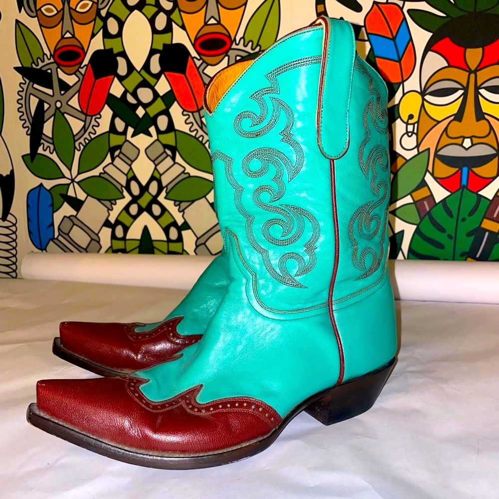 Old Gringo Turquoise and Rust Cowboy Boots embroidered, scrolled leather